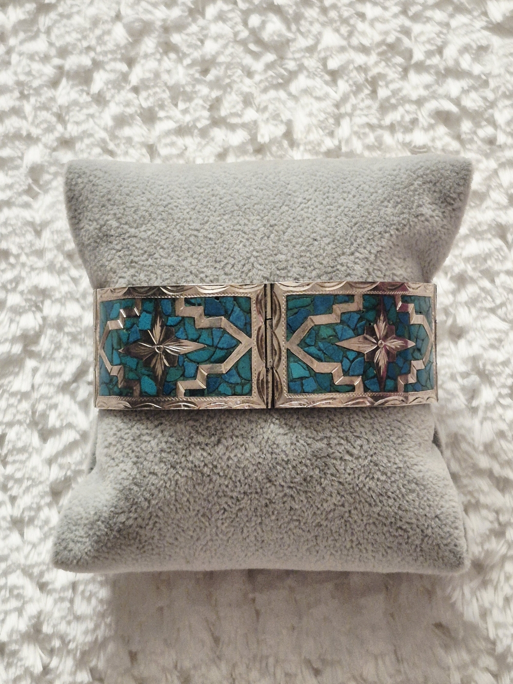 Vintage Sterling Silver Turquoise Mosaic Inlay Cuff Bracelet